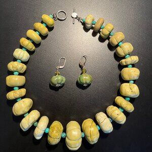 Chunky Serpentine Necklace with Turquoise Colored Stones & Earrings